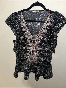 THML Embroidered Flutter Sleeve Black Boho Peasant Style Top Women’s Size L EUC - Picture 1 of 5