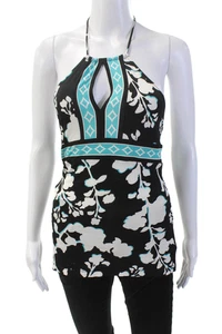 BCBGMAXAZRIA Womens Keyhole Halter Neck Floral Blouse Black Size XXS - Picture 1 of 5