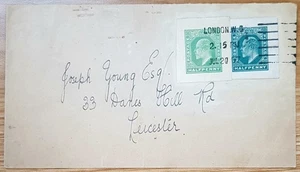 GB 1907 Stationery STO KEVII ½d+½d Cut Outs Envelope London W to Leicester - Picture 1 of 1