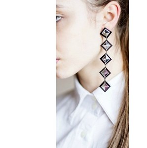 Ohrringe Clip Lang Schwarz Silber Quadrat Leger Retro B12