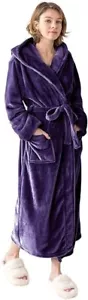 Women's Hooded Long Bathrobe Silky Lightweight Plush Fleece Robe Warm Comfy Wear - Picture 1 of 5