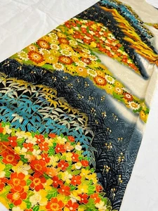Vintage Kimono Fabric Picked From Furisode 40”x14” Multi Color Base v367 - Picture 1 of 10
