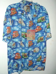 NWT Dk BLUE JUNGLE WOODIE CARS HAWAIIAN SHIRT by PINEAPPLE CONNECTION M or L - Picture 1 of 6