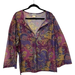 Vintage Paisley Blouse Sheer Tunic Top Purple Bohemian Large Floral Festival - Picture 1 of 9