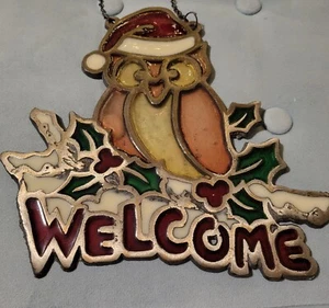 Gusseisen Buntglas Weihnachten Eule Willkommen Schild Aufhänger Sonnenfänger - Bild 1 von 13