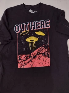 Space Ship Aliens OUT HERE  Black T-Shirt Space Travel Vibes Men's Size XL - Picture 1 of 4