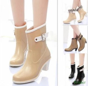 New Womens Waterproof Med Calf Rain Boots Block Med Heels Antiskid Rubber Shoes - Picture 1 of 15