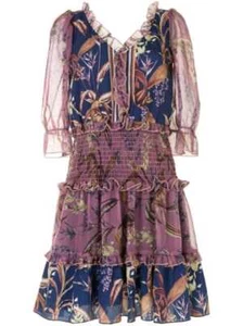 NWT Marchesa Notte Smocked Mini Floral Cocktail Dress w Sheer 3/4 Sleeves Sz 12 - Picture 1 of 5