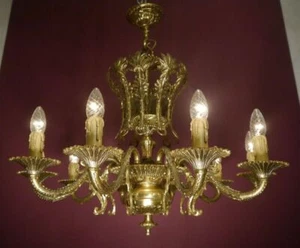 CHANDELIER LARGE 10 LIGHT BRASS VINTAGE LAMP SPANISH OLD Ø 28" - Picture 1 of 7