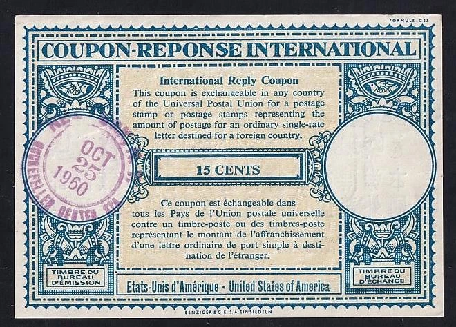 USA 1960 International Reply Coupon (IRC) 15¢ - Image 1 of 1