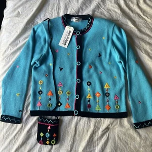 Jack B Quick Geometric Shapes Cardigan Sweater W/ Purse Medium Blue NEW WITH TAG - Picture 1 of 13