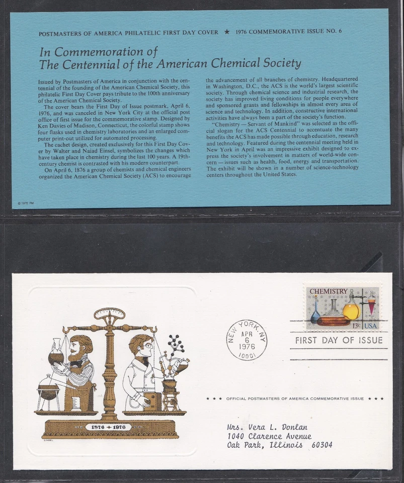 USA 1976 FIRST DAY COVER CHEMISTRY ISSUE + CARD + CACHET - Image 1 of 1