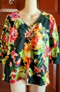 Vintage Caribbean Joe Multicolor Tropical Floral Print Stretch Top Women’s Sz M - Picture 1 of 5