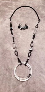 OC Statement Necklace & Earring Set, Necklace 21.5"/Earring 2", Black, White - Picture 1 of 5