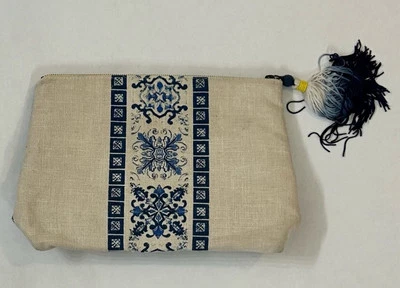 Anthropologie Jasper & Jeera Printed Linen Tasseled Pouch Clutch in Cream & Blue - Image 1 of 4