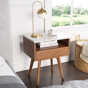 Mid-Century Rectangle Accent Side or End Table Walnut Finish Wood and Faux Ma... - Picture 1 of 4