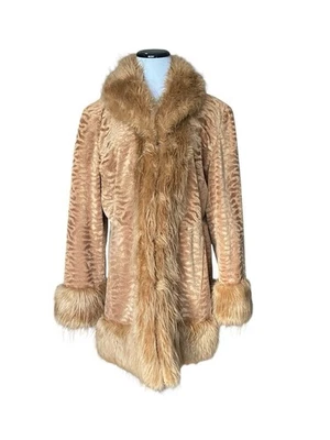 Vintage Y2K Penny Lane Faux Fur Trim Coat Size XL Tan Shaggy Boho 70s Mob Wife - Image 1 of 4