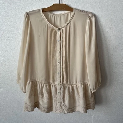 Blusa De Colección Y2K Hadas Para Mujer M Plisada Crochet Ribete Peplum Boho Bordado Crema Foto 1 de 4
