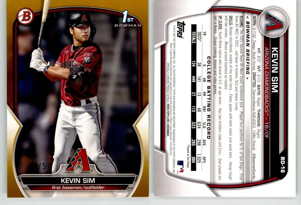 Kevin Sim 2023 Bowman Draft Gold BD-16 /50 Diamondbacks 1st - Image 1 of 1