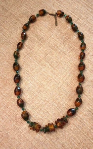 Vintage 70's Amber Green Glass Beaded necklace 20" Beautiful - Picture 1 of 3