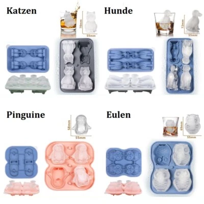 3D Tier Eiswürfelform Silikon Eiswürfelbereiter Katzen Hunde Pinguine Eule Neu - Bild 1 von 4