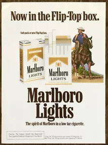 1980 Marlboro Lights PRINT AD Now in the Flip-Top Box Mustache Cowboy - Bild 1 von 1