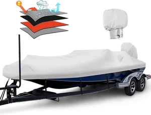 Waterproof 1200D PU Boat Cover with Motor Cover, 17-19' Marine Grade Heavy Duty - Picture 1 of 6