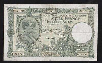 Belgium, 1000 Francs - 200 Belgas, 1941, P-110 , Banknote, King Albert Elisabeth - Image 1 of 2