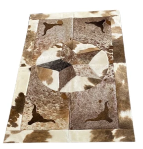 ACTUAL PICTURE - Real Cowhide Rug Patchwork 3X5' - Star & Longhorn - Picture 1 of 4