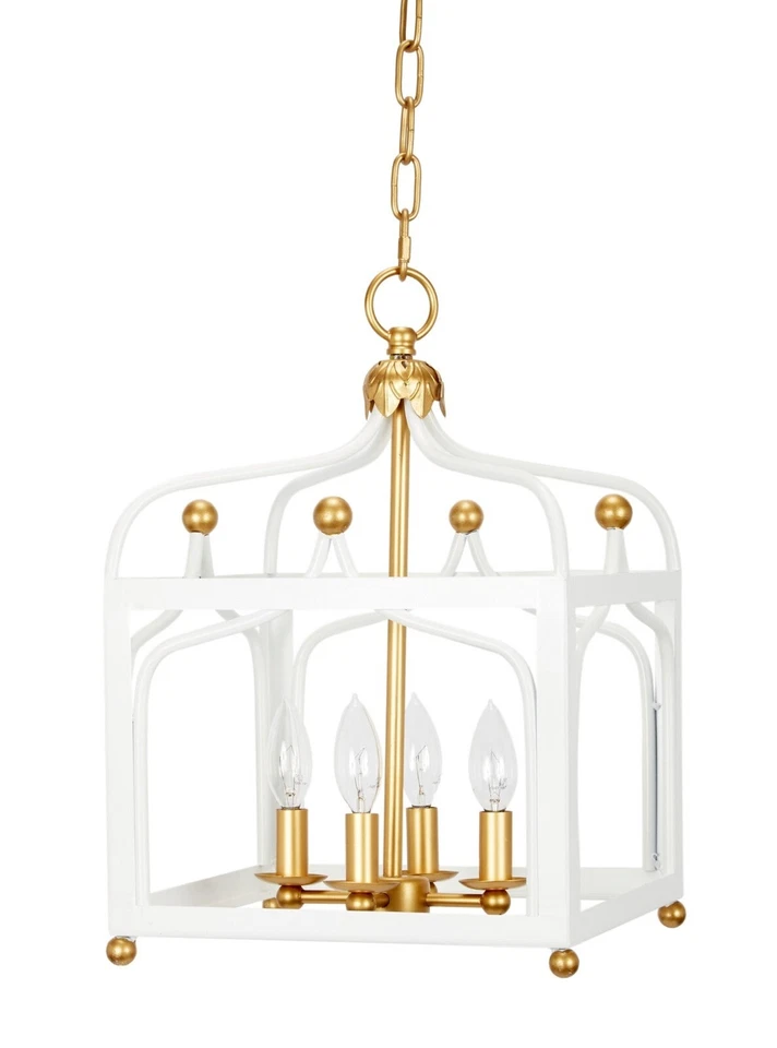 LÁMPARA DE ARAÑA DE METAL CON DETALLES BLANCOS Y DORADOS BRILLANTES-12''D X 18''H Foto 1 de 1