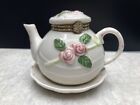 Miniature Teapot and Saucer Pink Roses Porcelain Trinket Box 4 1/4" X 3" VTG
