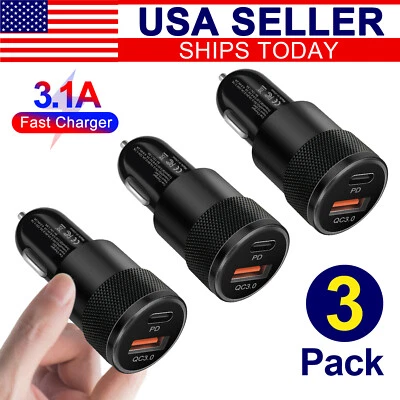 3 件装 2 端口 PD USB-C 快速充电车载充电器适配器 适用于 iPhone 适用于三星 — 第 1/4 张图片