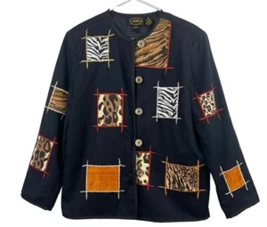Allure Blazer Jacket Womens Large Button Up Black Patchwork Animal Leapord Print - Picture 1 of 5