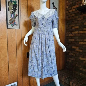 Vtg 80s Laura Ashley Puritan Romantic Floral Prairie Homespun Cottage Dress S - Picture 1 of 9