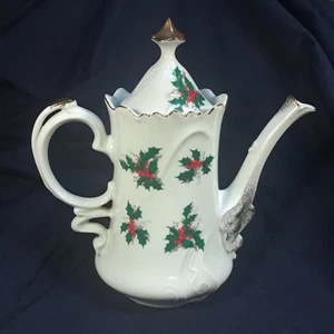 Lefton China 9" Teapot Christmas Holly & Berries Japan #7802 Long Spout - Picture 1 of 6