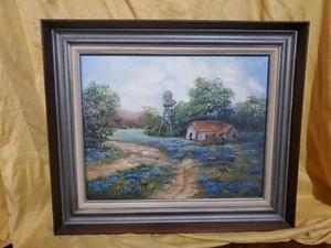 Vintage J. Jensen '81 Signed Original TEXAS Bluebonnet Oil Painting W/ Windmill - Picture 1 of 24