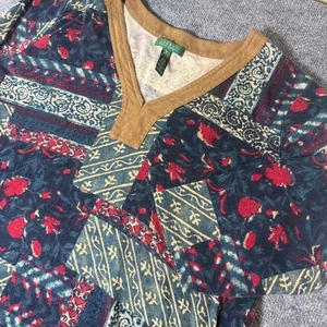 Lauren Ralph Lauren 3X Patchwork Blumen Kleid Kunst Wildleder Besatz V-Ausschnitt - Bild 1 von 7