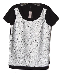 ANN TAYLOR Womens Black with White Sequins Top Blouse Short Sleeves Size M P - Bild 1 von 12