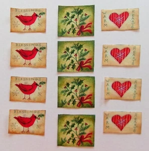 Cotton Fabric Pic D - Cardinal, Heart, Holly Tree Branch - 12 pieces Total - Picture 1 of 2