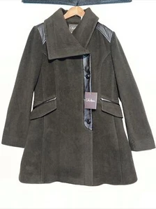 NWT Cole Haan Signature Woman's 14 Espresso Wool Blend Coat Lambskin Trim - Picture 1 of 16