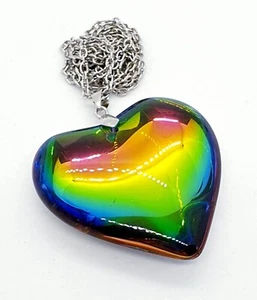 Unique RAINBOW GLASS HEART NECKLACE resin GORGEOUS handmade PENDANT statement - Picture 1 of 1