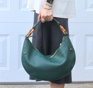 Auth Vintage Gucci Pebbled Skin Bamboo Ring Green Calf Leather Hobo Bag ~ Chic - Picture 1 of 20