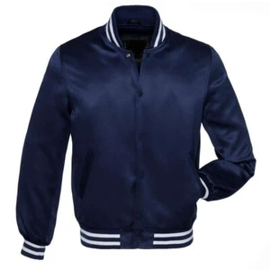 Chaqueta de satén azul marino Chaqueta de bombardero Hombres Fútbol Universitario Chaqueta de béisbol azul marino - Imagen 1 de 3