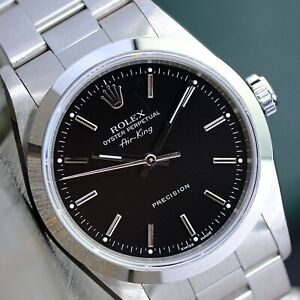 ROLEX MENS AIR-KING WATCH 34MM BLACKINDEX DIAL SMOOTH OYSTER BAND 14000 W/PAPERS