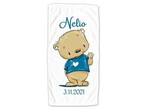 Baby Handtuch personalisiert mit Name & Geburtsdatum, Bär, Geschenk für Jungen - Bild 1 von 5