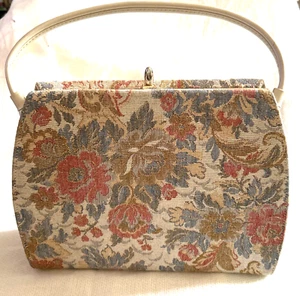 Vintage 60s Suretta USA Kiss Lock Floral Tapestry Grannycore Frame Purse Handbag - Picture 1 of 20