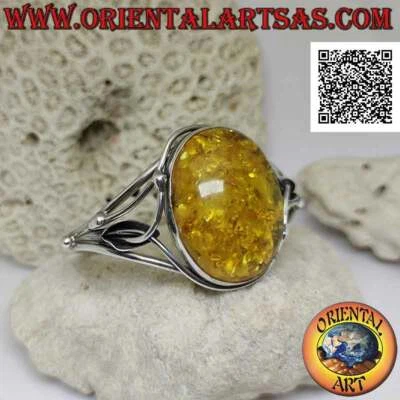 Bracciale rigido in argento 925‰ grande ambra ovale cabochon e decorazione trafo - Immagine 1 di 4