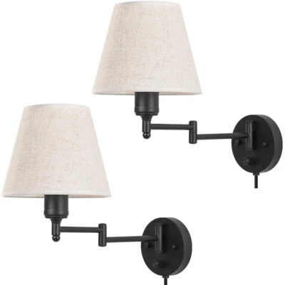 Set of 2 Modern Swing Arm Wall Lamp Plug in Wall Sconce Fabric Shade for Bedroom - Image 1 of 4