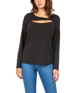 Fever Women's Lurex Knit Long Sleeve Cut Out Top (Black Tiny Twin, X-Large) - Picture 1 of 3