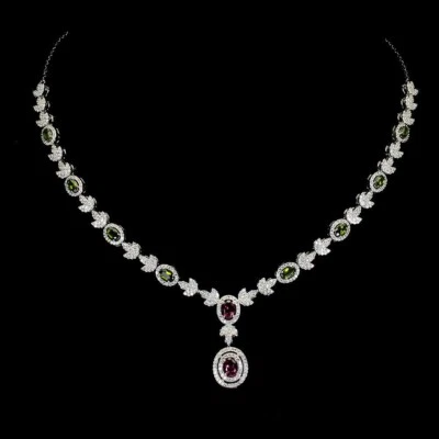 Silver Necklace Chrome Diopside Rhodolite Genuine Gems Solid Sterling - Image 1 of 4